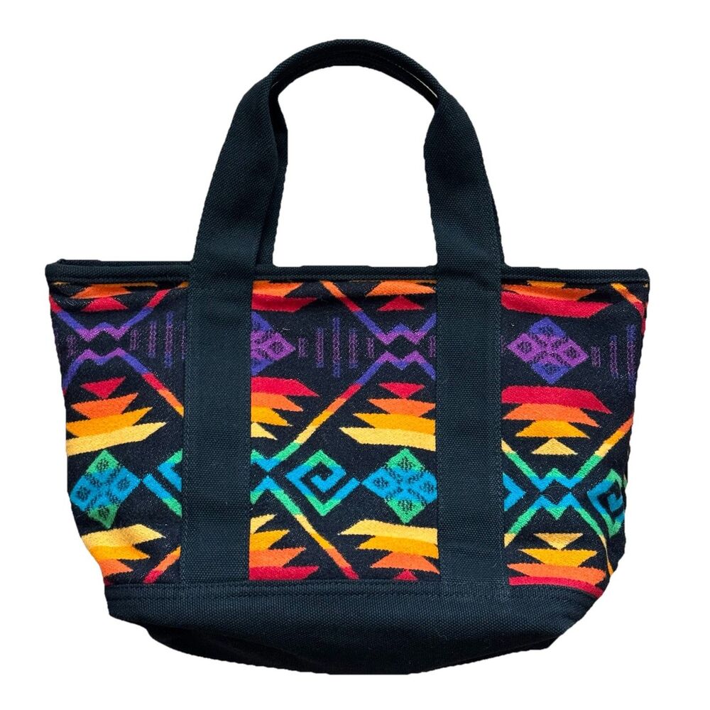 Pendleton Large Jacquard Canvas Tote Bag Black Rainbow Southwest Wool Blend USA